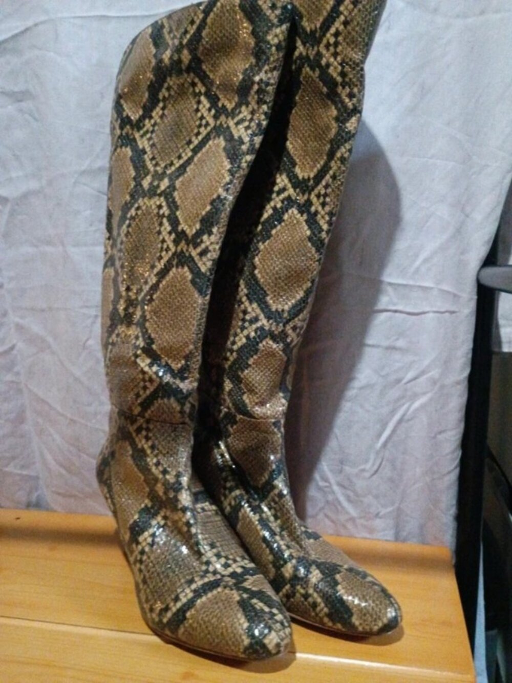 Snakeskin Print Knee High Boots Pointed Toe Block